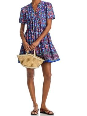 AQUA Blue Multi Mosaic Print Tiered Mini Dress Puff Sleeve 100% Cotton Small NWT